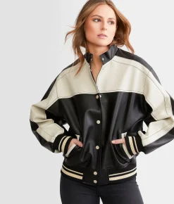 Blu Pepper Faux Leather Color Block Jacket Pink Sale