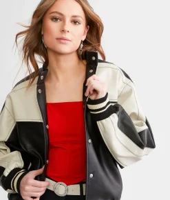 Blu Pepper Faux Leather Color Block Jacket Pink Sale