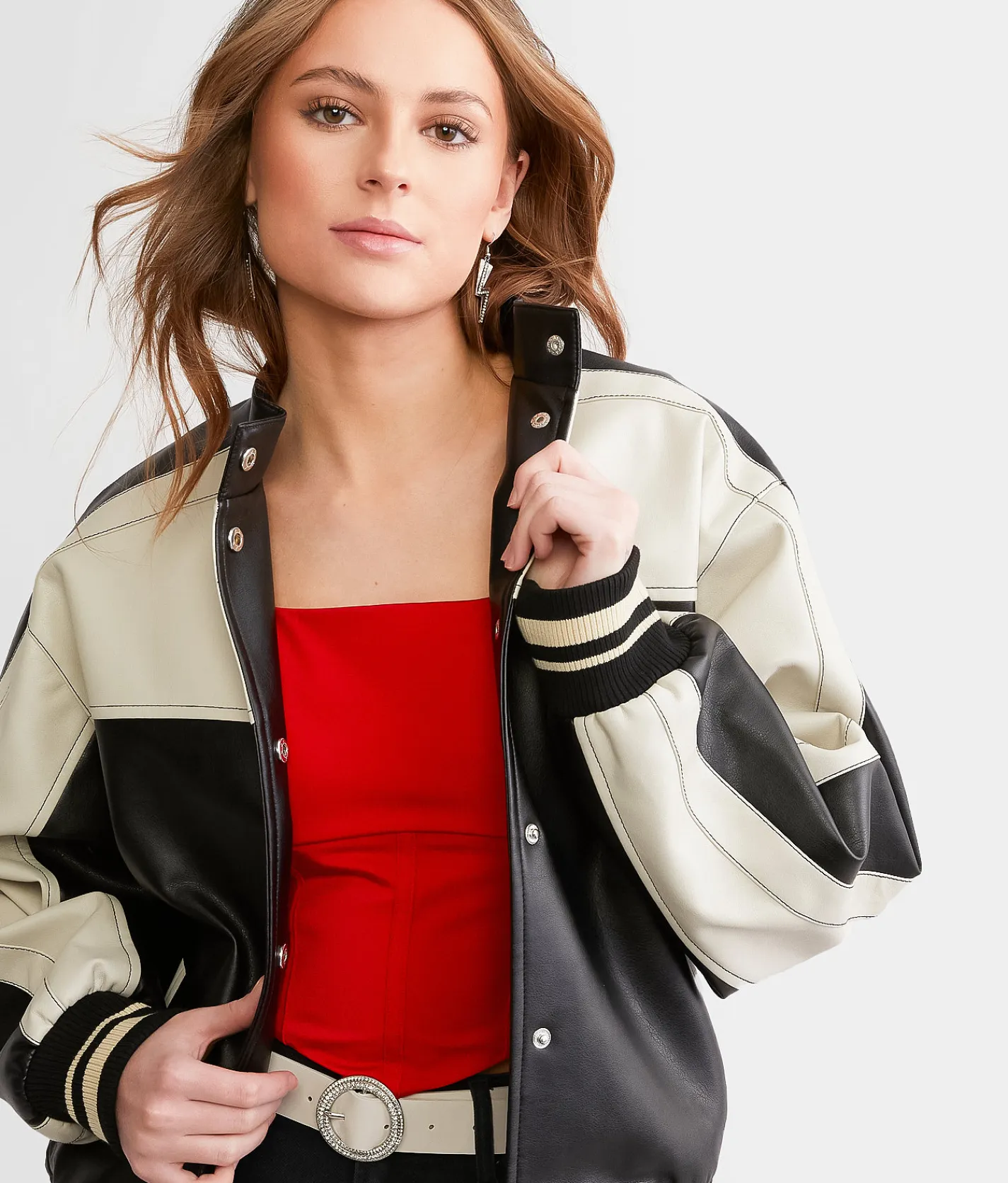 Blu Pepper Faux Leather Color Block Jacket Pink Sale