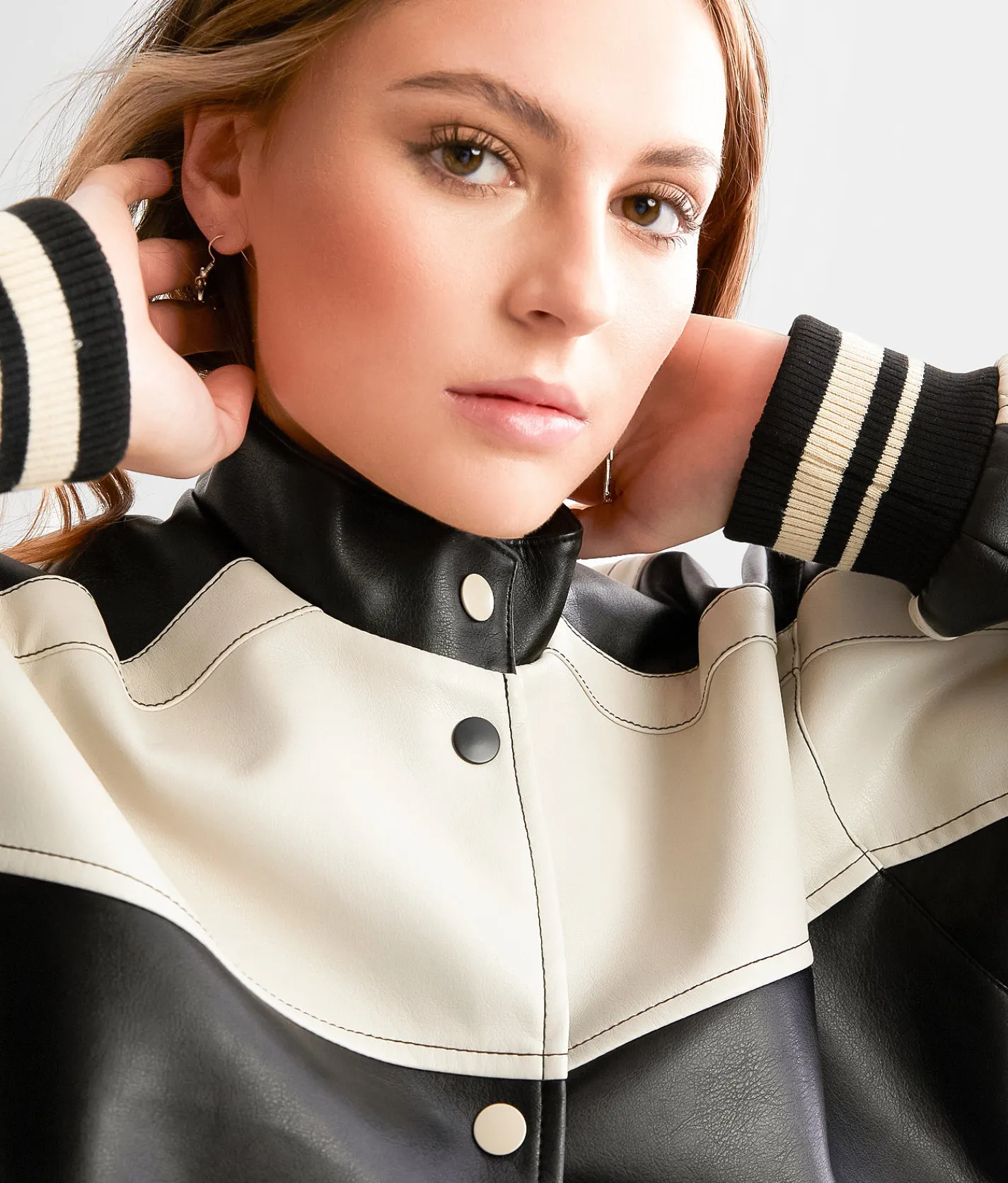 Blu Pepper Faux Leather Color Block Jacket Pink Sale