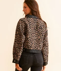Blue Blush Faux Leather Cropped Cheetah Jacket Brown Black