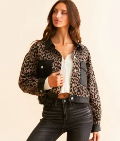 Blue Blush Faux Leather Cropped Cheetah Jacket Brown Black