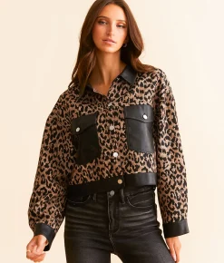 Blue Blush Faux Leather Cropped Cheetah Jacket Brown Black