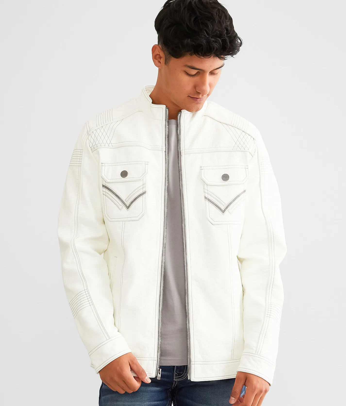 Buckle Black Faux Leather Distressed Jacket White Outlet