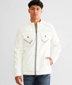 Buckle Black Faux Leather Distressed Jacket White Outlet