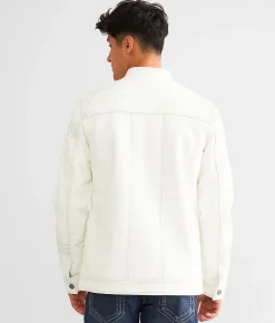 Buckle Black Faux Leather Distressed Jacket White Outlet