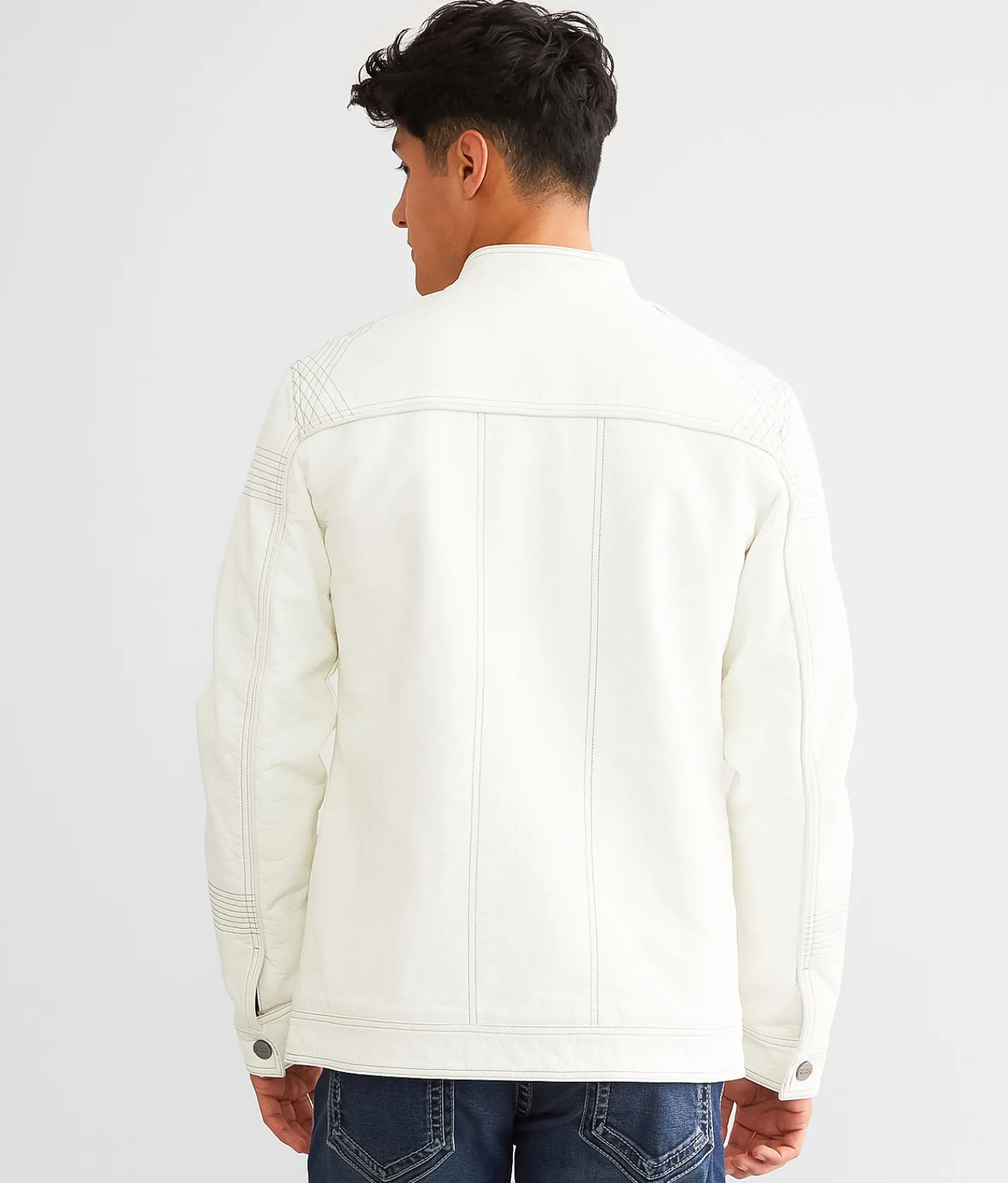 Buckle Black Faux Leather Distressed Jacket White Outlet