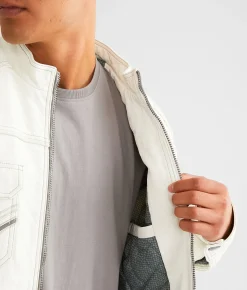 Buckle Black Faux Leather Distressed Jacket White Outlet