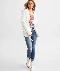 Coats & Jackets | Willow & Root Faux Leather Fringe Blazer Bone White