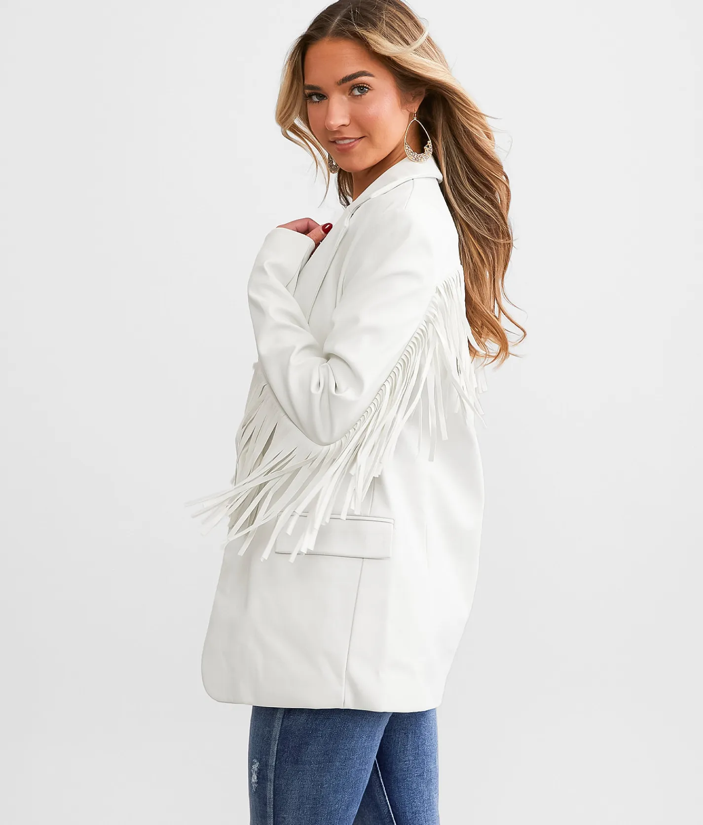 Coats & Jackets | Willow & Root Faux Leather Fringe Blazer Bone White