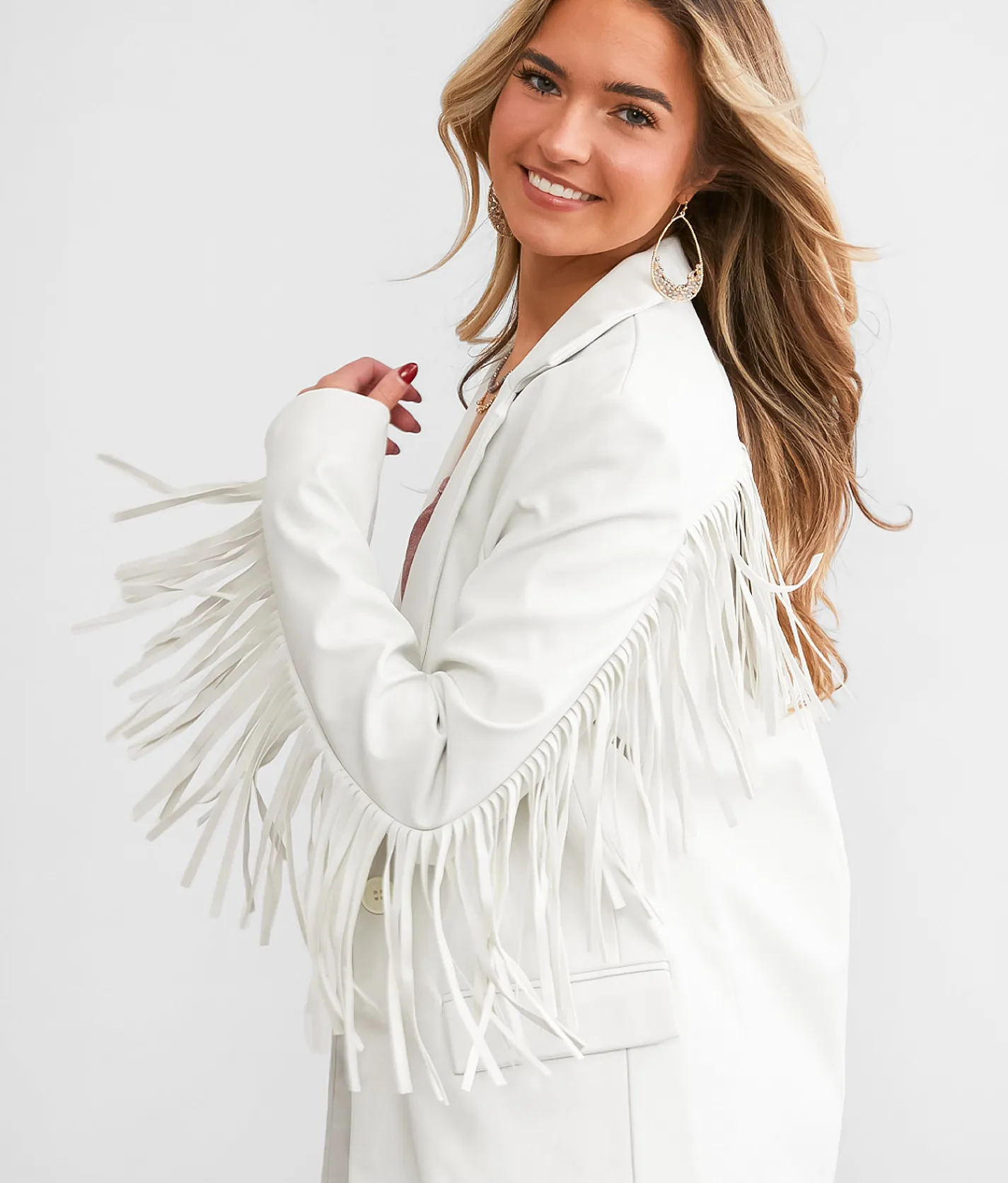 Coats & Jackets | Willow & Root Faux Leather Fringe Blazer Bone White