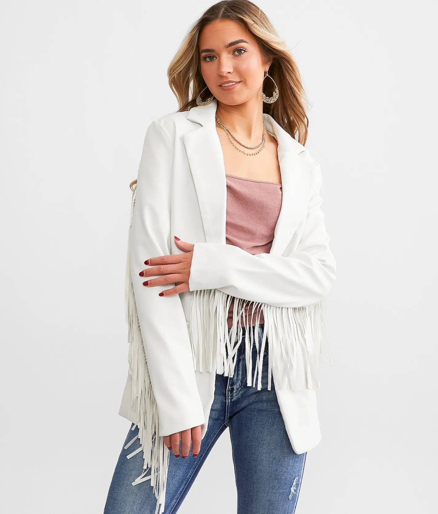 Coats & Jackets | Willow & Root Faux Leather Fringe Blazer Bone White