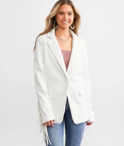 Coats & Jackets | Willow & Root Faux Leather Fringe Blazer Bone White