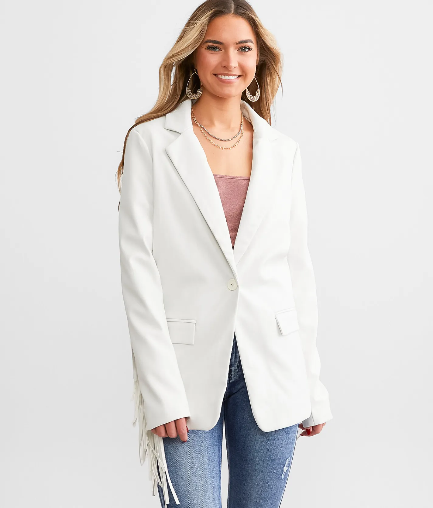 Coats & Jackets | Willow & Root Faux Leather Fringe Blazer Bone White