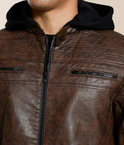 Tops|Coats & Jackets | Buckle Black Faux Leather Hooded Jacket Brown