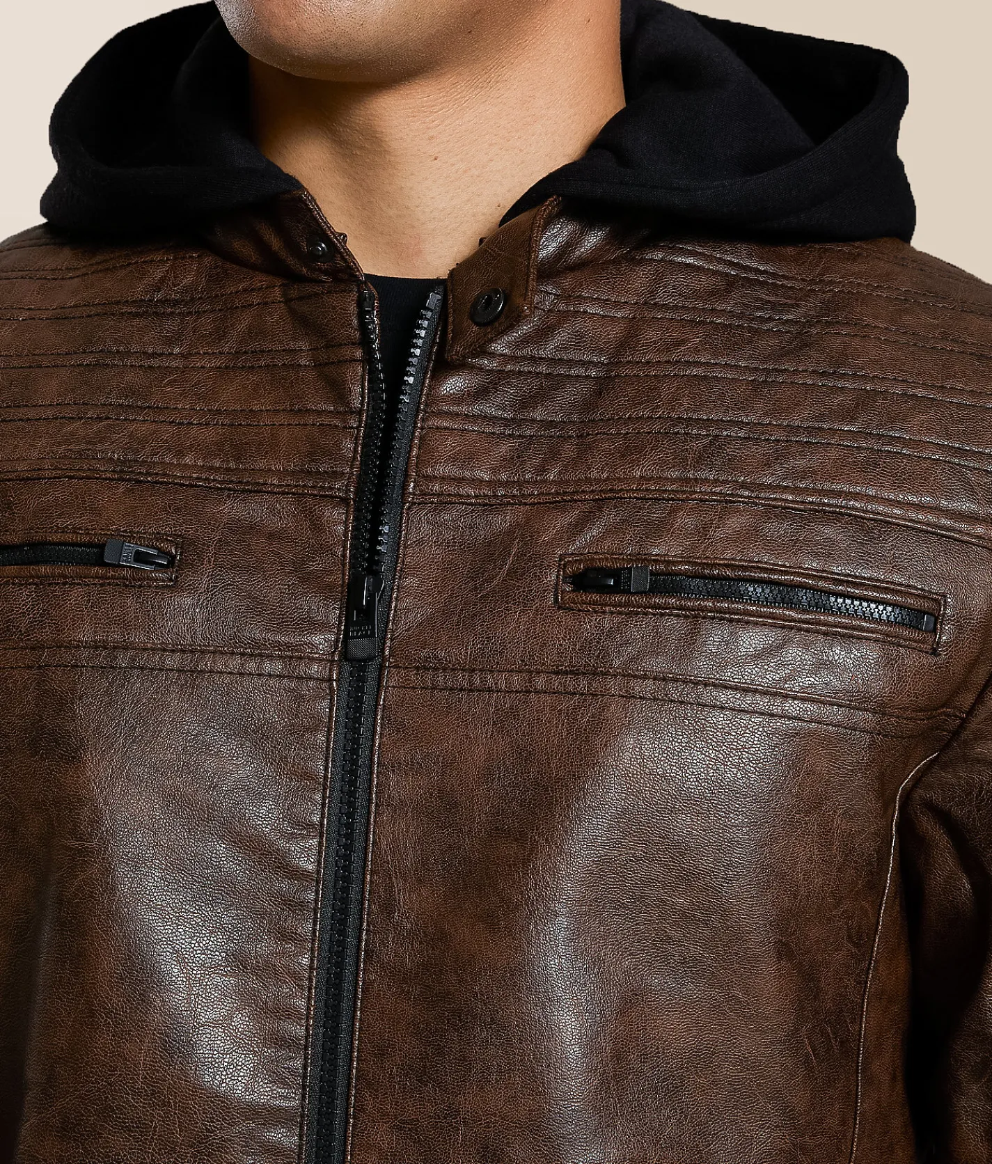 Tops|Coats & Jackets | Buckle Black Faux Leather Hooded Jacket Brown