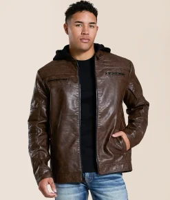 Tops|Coats & Jackets | Buckle Black Faux Leather Hooded Jacket Brown