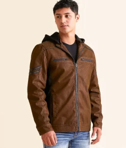 Coats & Jackets | Buckle Black Faux Leather Hooded Jacket Brown