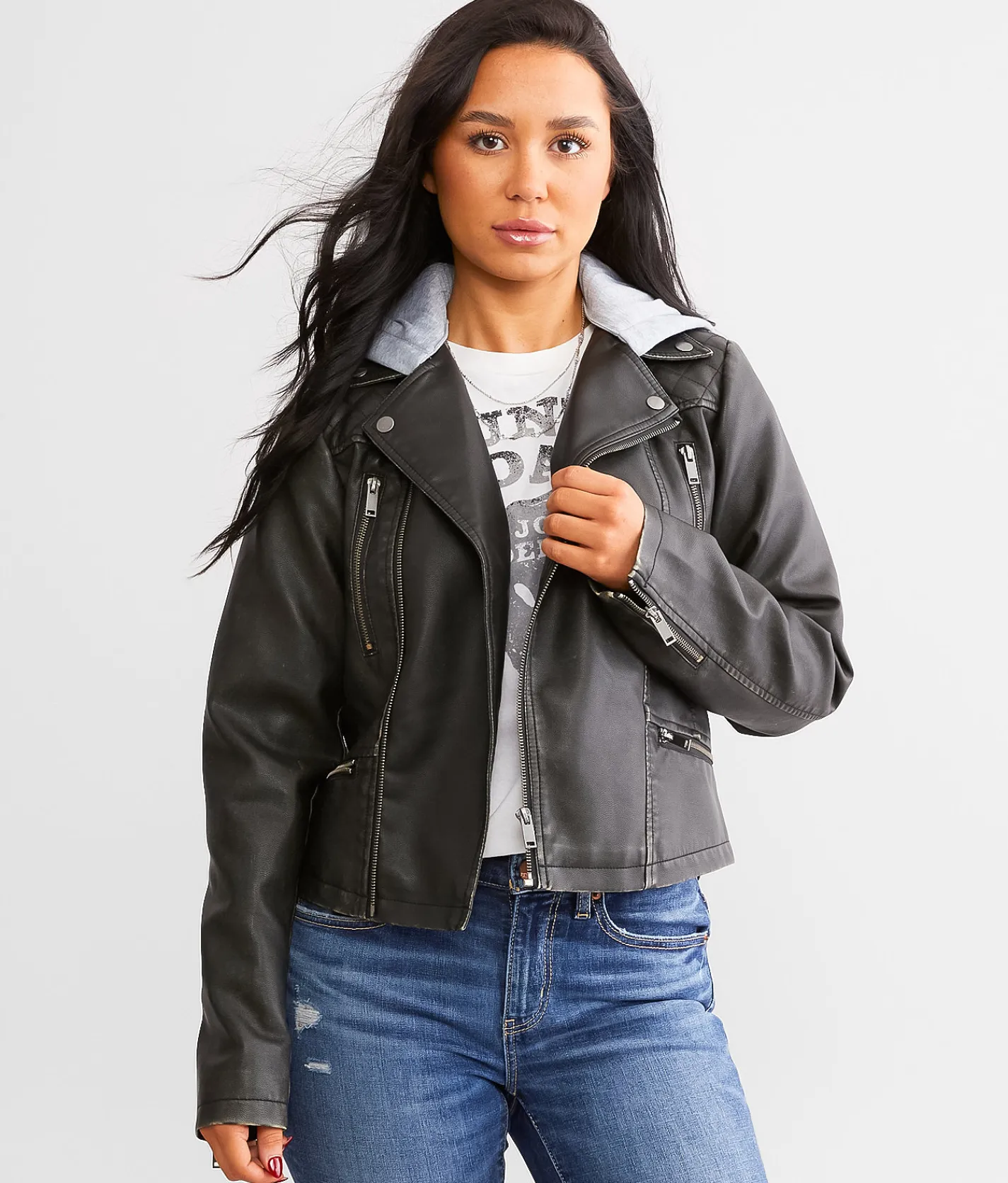 Coats & Jackets | BKE Faux Leather Hooded Jacket Black