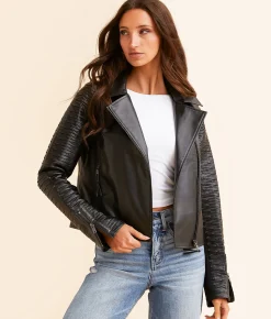 Tops|Coats & Jackets | Open SZN Faux Leather Moto Cropped Jacket Black