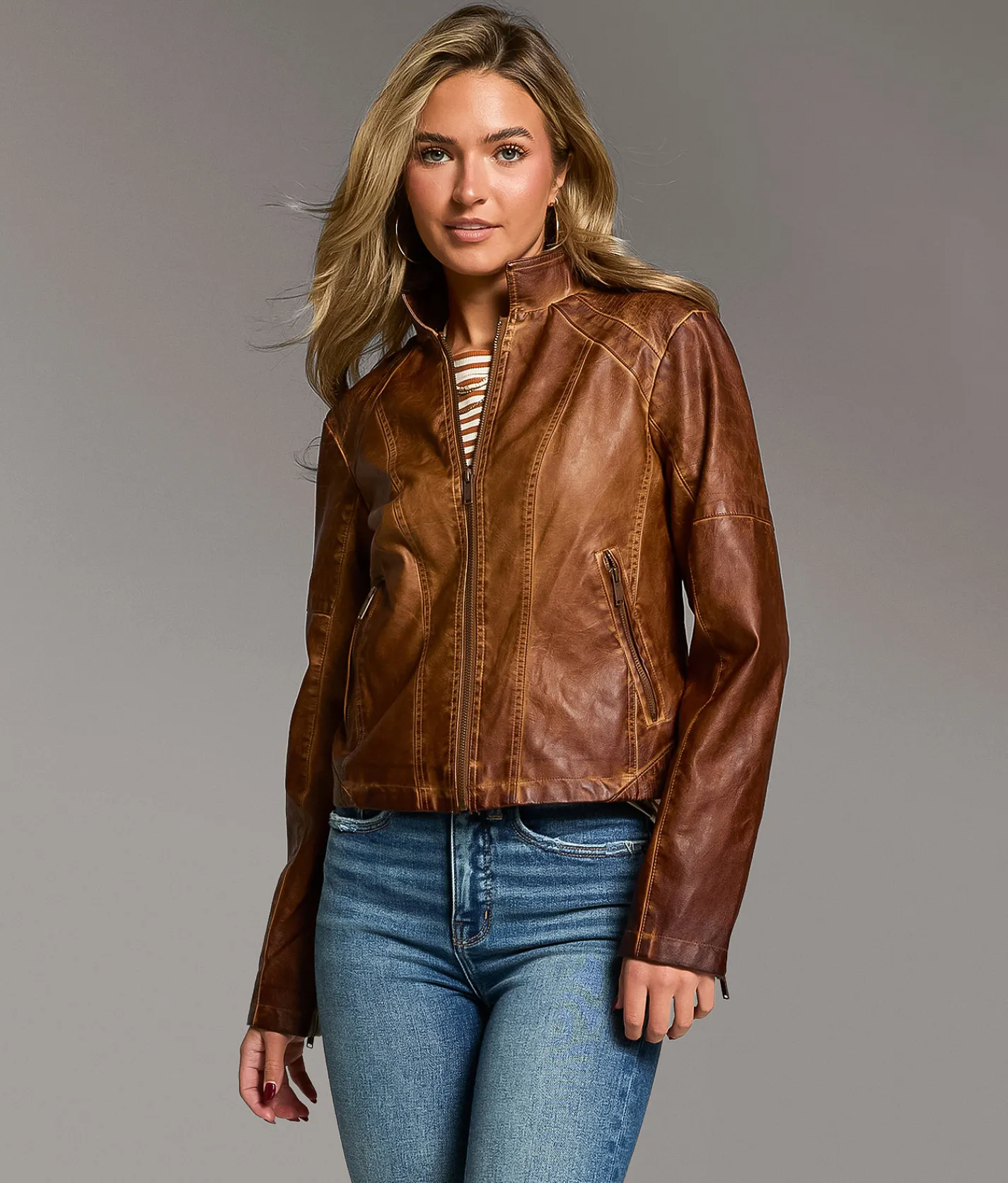 Tops|Coats & Jackets | BKE Faux Leather Moto Jacket Tobacco