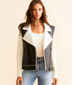 Tops|Coats & Jackets | Open SZN Faux Leather Sherpa Vest Black