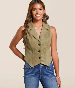 Willow & Root Faux Suede Collared Vest Green Sale