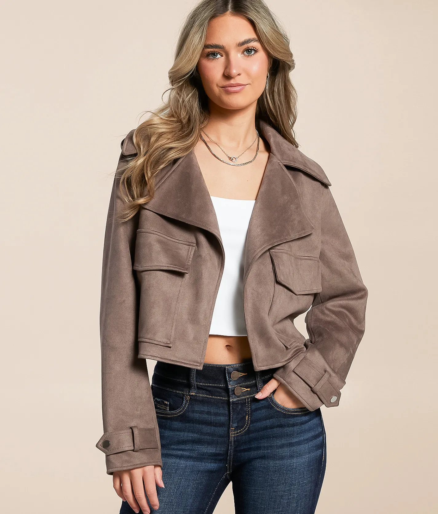 Open SZN Faux Suede Cropped Jacket Peppercorn Hot