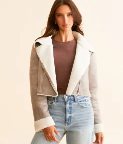 Know One Cares Faux Suede Moto Cropped Jacket Taupe Cream Best