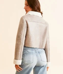 Know One Cares Faux Suede Moto Cropped Jacket Taupe Cream Best