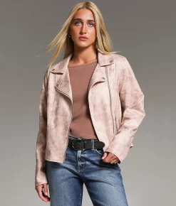 BKE Faux Suede Moto Jacket Cream Washed Sale