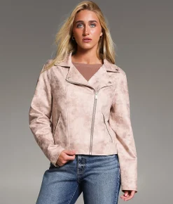 BKE Faux Suede Moto Jacket Cream Washed Sale