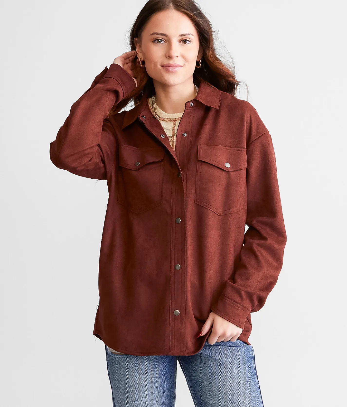 Willow & Root Faux Suede Shacket Rum Raisin Discount