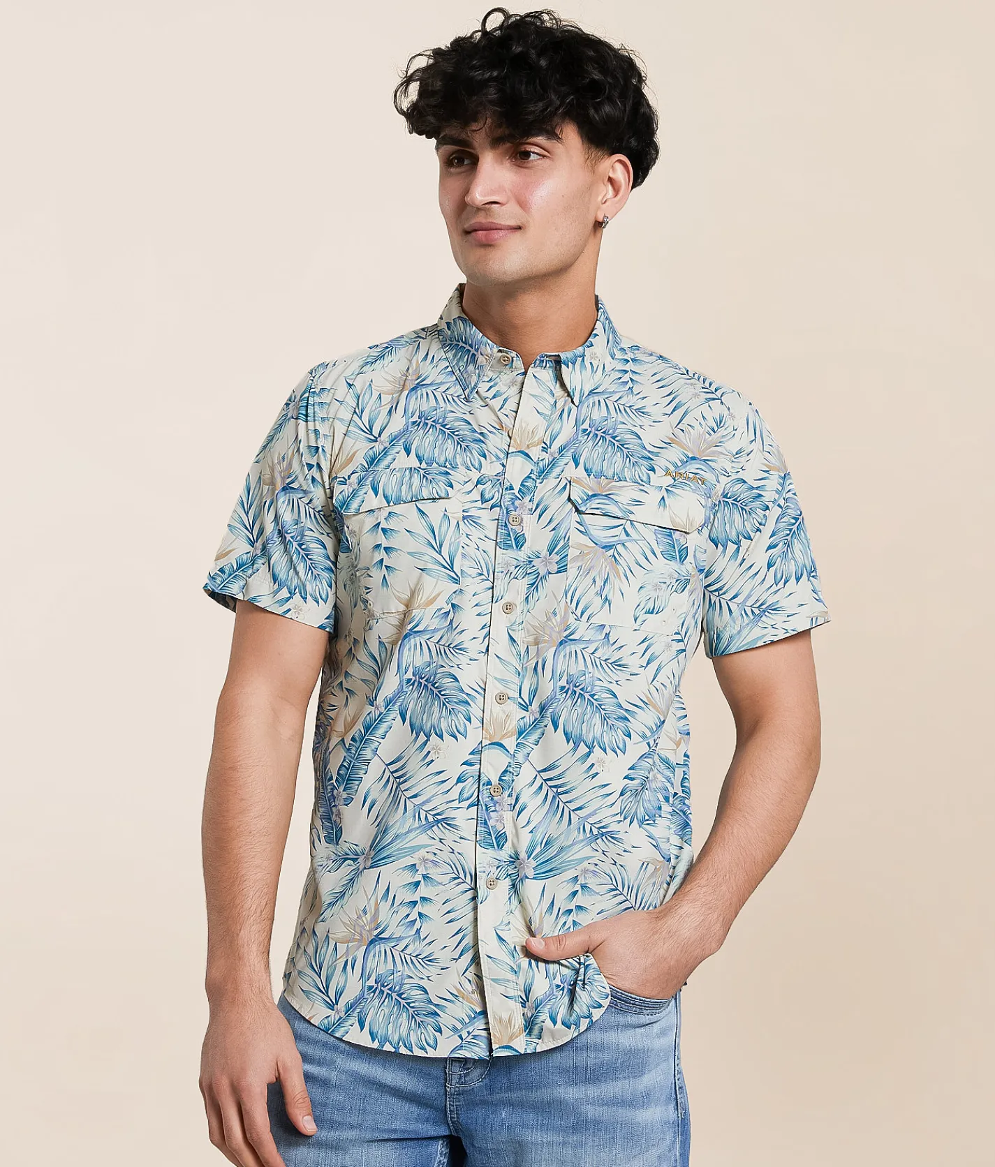 Tops | Ariat Fitted VentTEK Shirt Khaki Palm Print