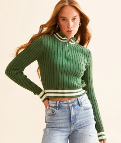 FITZ + EDDI FITZ + EDDI Quarter Zip Cropped Varsity Sweater Dark Green