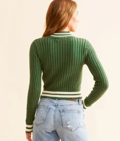 FITZ + EDDI FITZ + EDDI Quarter Zip Cropped Varsity Sweater Dark Green