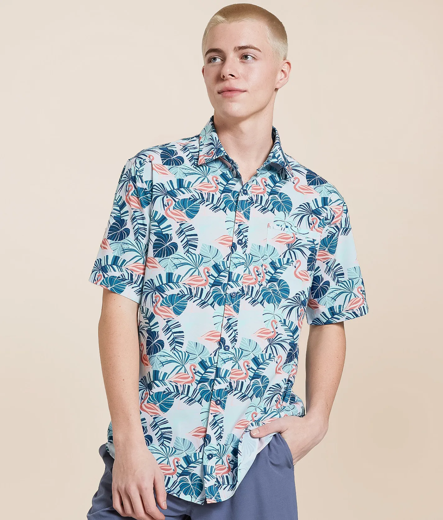 Departwest Flamingo Athletic Performance Stretch Shirt White Teal Discount