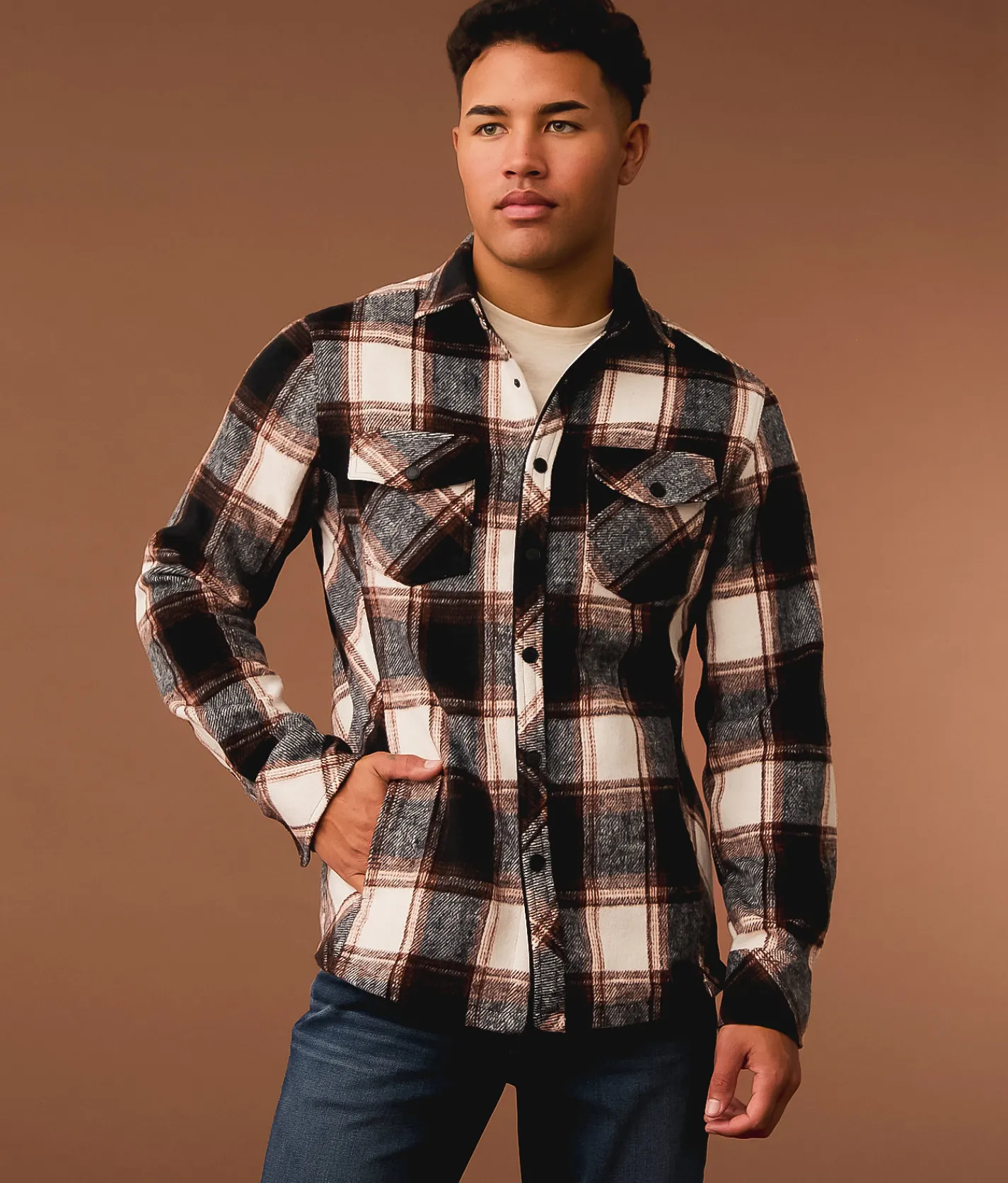 Tops | Outpost Makers Flannel Athletic Shirt Cream Navy Rust