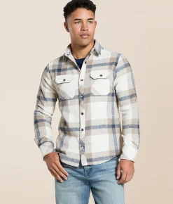 Departwest Flannel Athletic Shirt Cream Navy Tan Sale