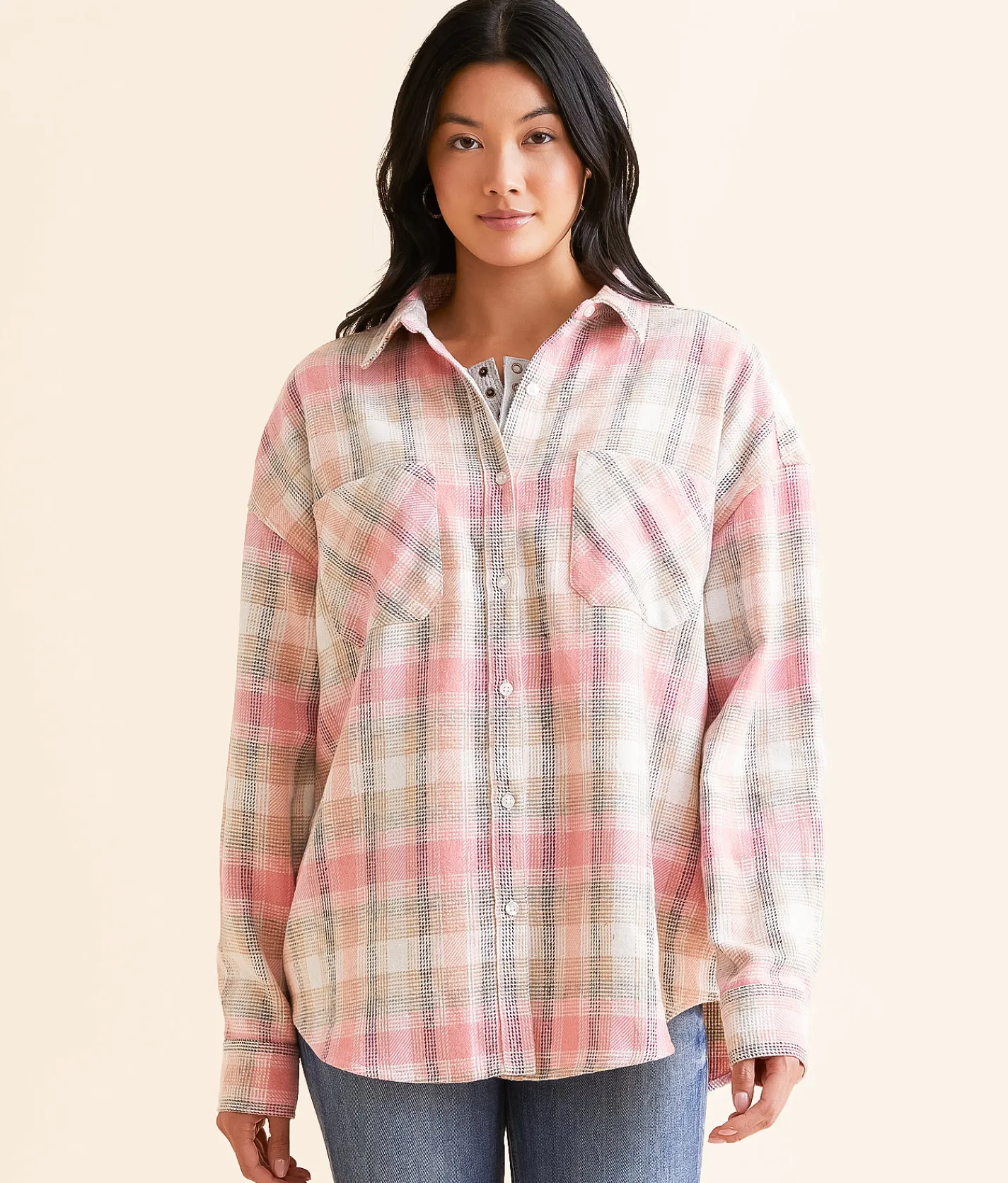 Modish Rebel Flannel Boyfriend Shirt Pink Discount