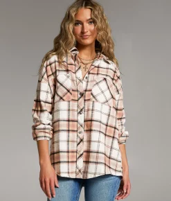 BKE Flannel Boyfriend Shirt Mauve Black Cream Online