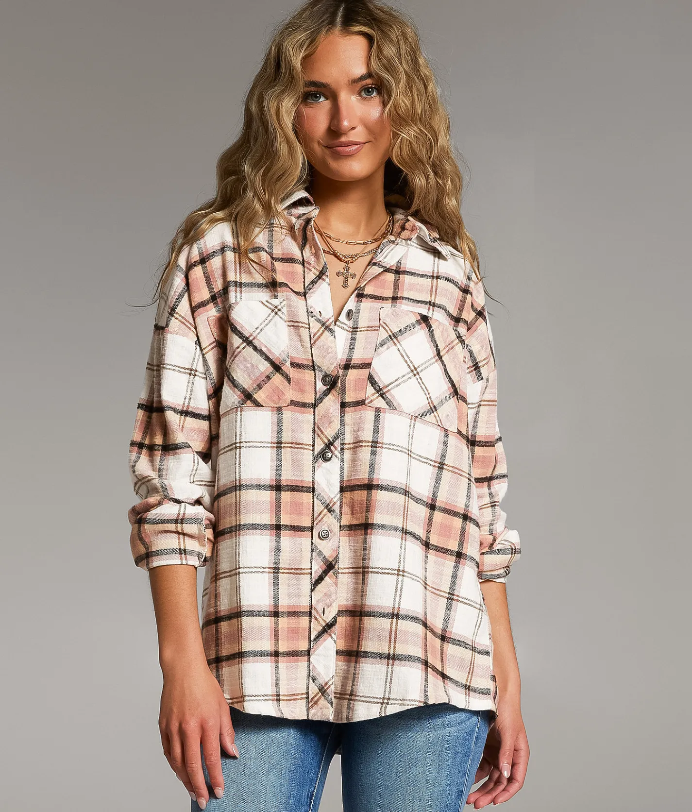 BKE Flannel Boyfriend Shirt Mauve Black Cream Online