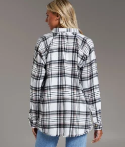 Tops | BKE Flannel Boyfriend Shirt Cream Choc Black