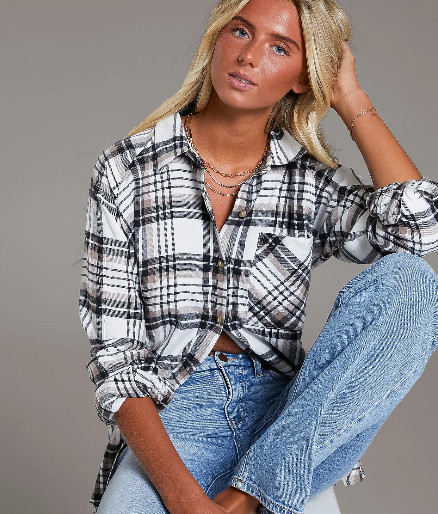 Tops | BKE Flannel Boyfriend Shirt Cream Choc Black