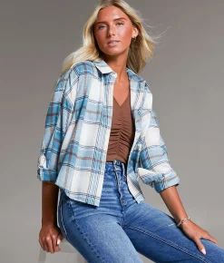 BKE Flannel Cropped Shirt Blue Tan New
