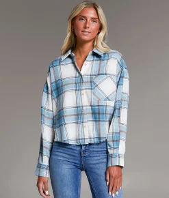 BKE Flannel Cropped Shirt Blue Tan New