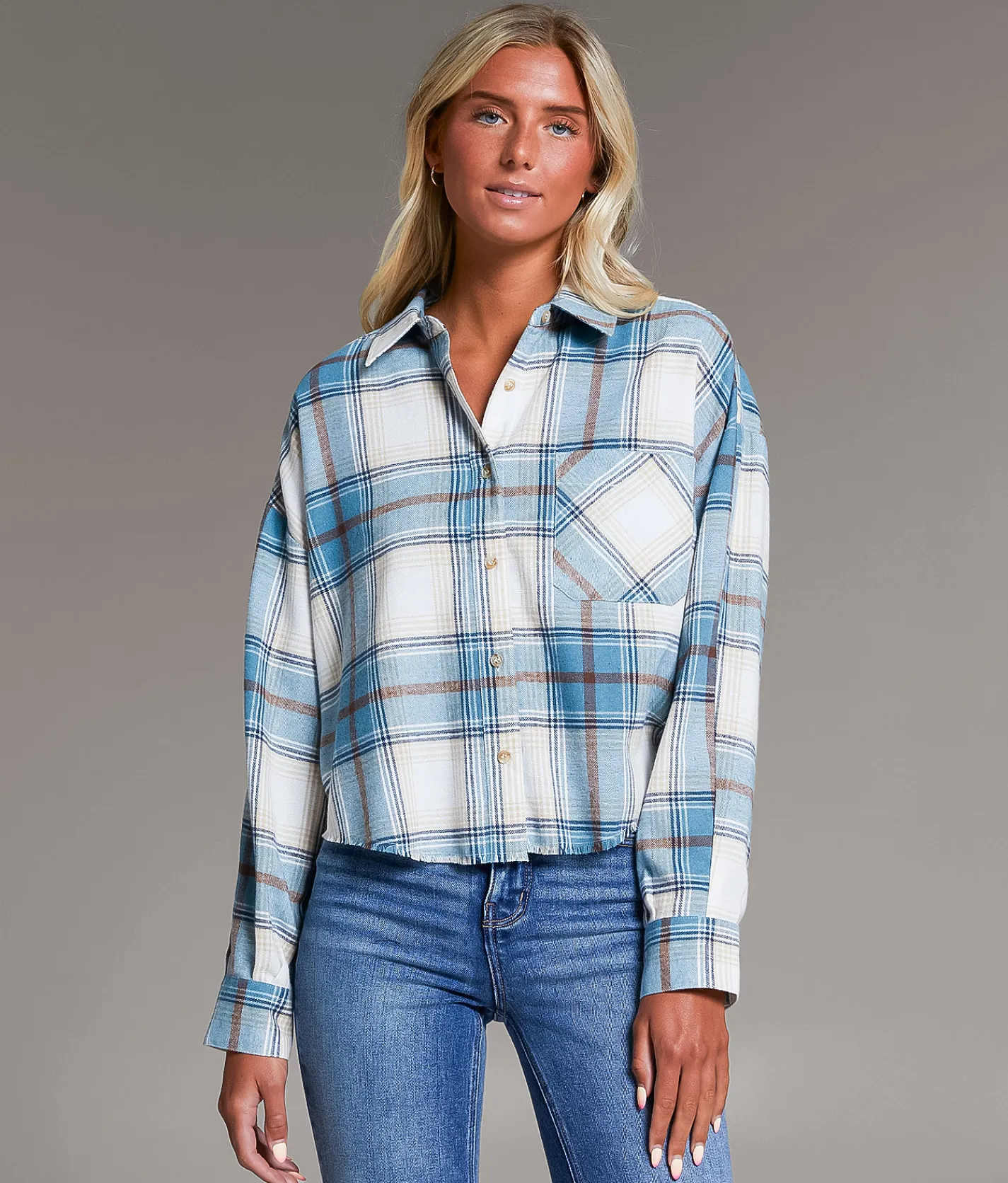 BKE Flannel Cropped Shirt Blue Tan New