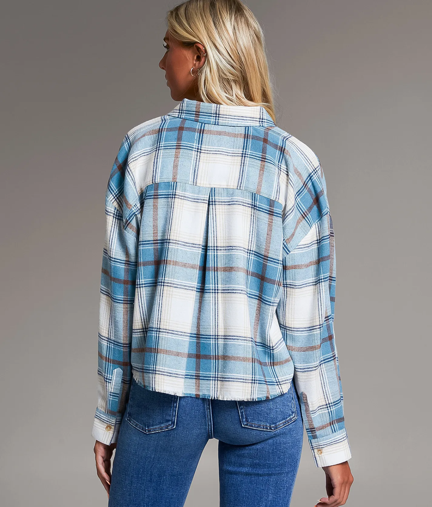 BKE Flannel Cropped Shirt Blue Tan New