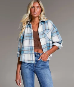 BKE Flannel Cropped Shirt Blue Tan New