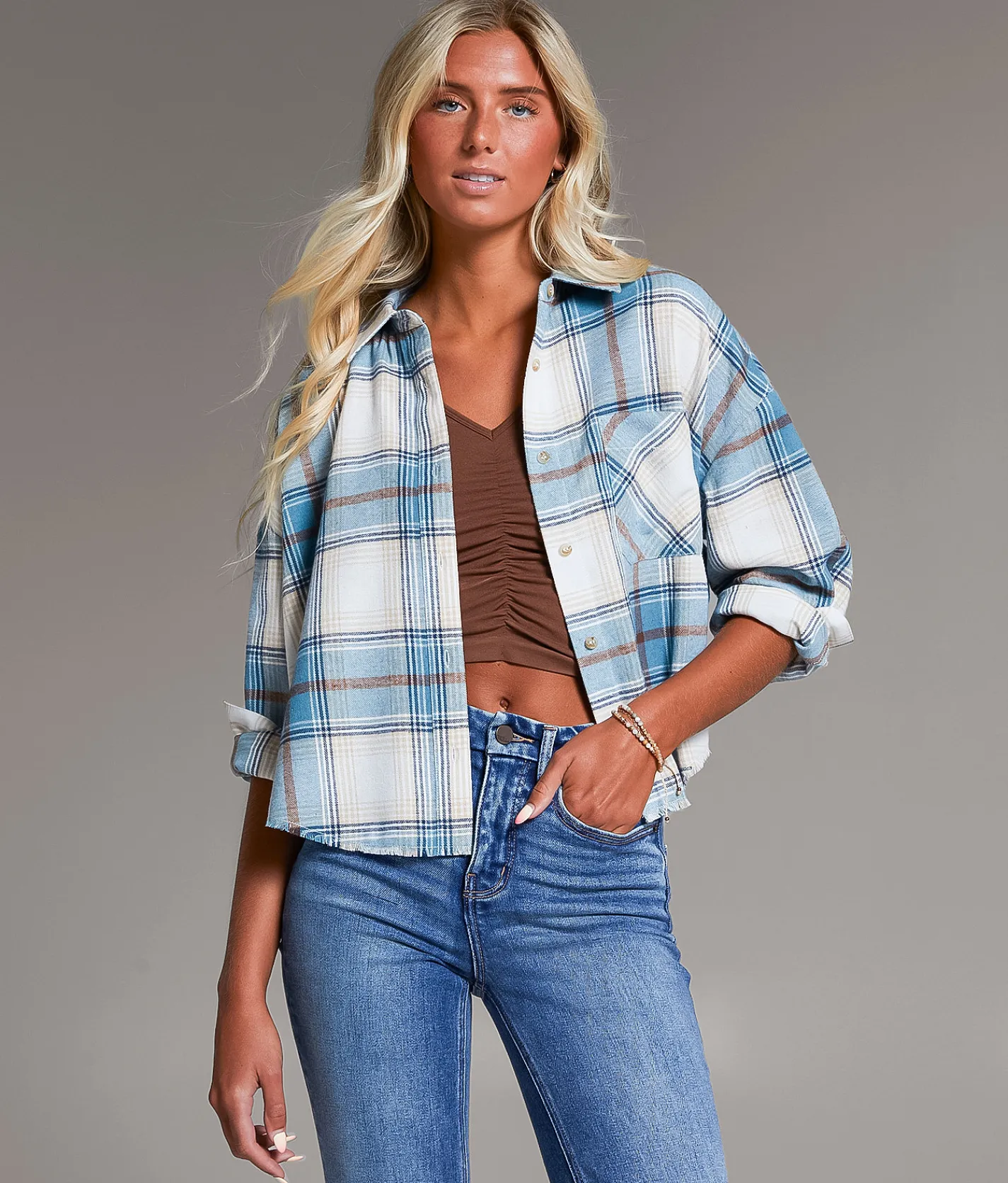 BKE Flannel Cropped Shirt Blue Tan New